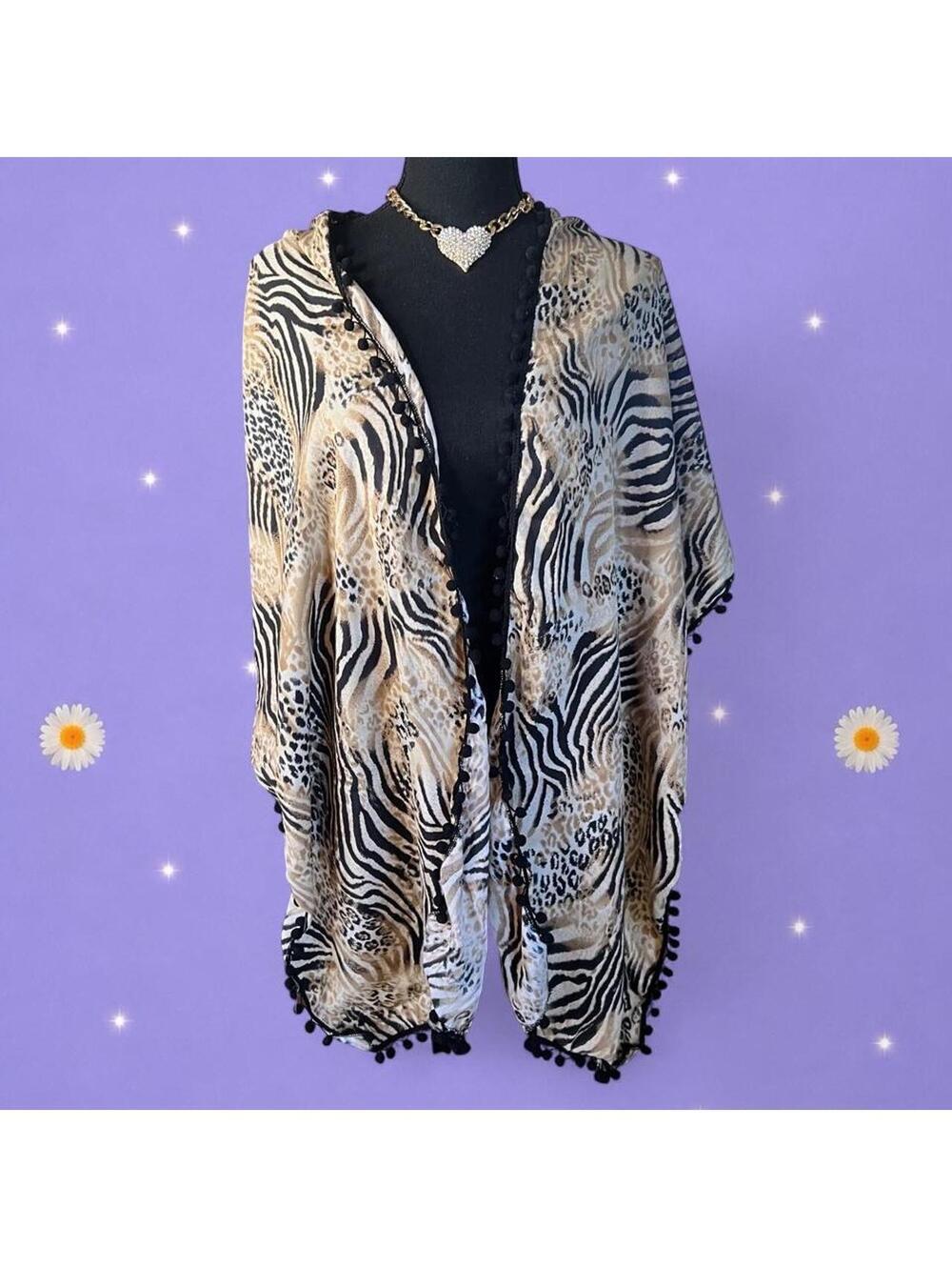 Vintage Y2K Print Zebra Leopard Pom Pom Shawl Wrap Kimono Cover Up One Size 🤎